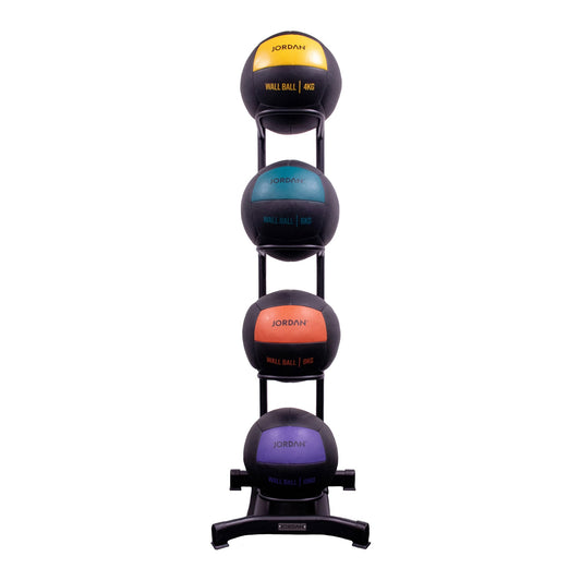 Black JORDAN four-position wall-ball rack shown loaded, front view.