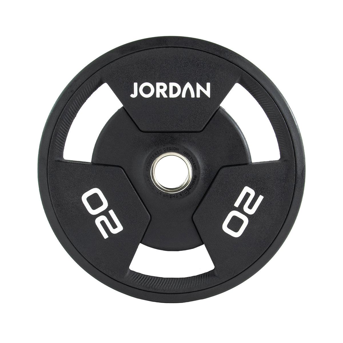 JORDAN urethane tri-grip P6 kit: 20 kg black urethane tri-grip plate with white markings, individual component view.