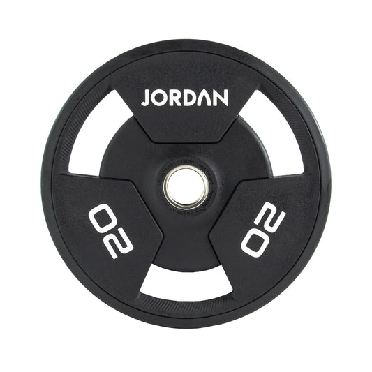JORDAN urethane tri-grip P6 kit: 20 kg black urethane tri-grip plate with white markings, individual component view.