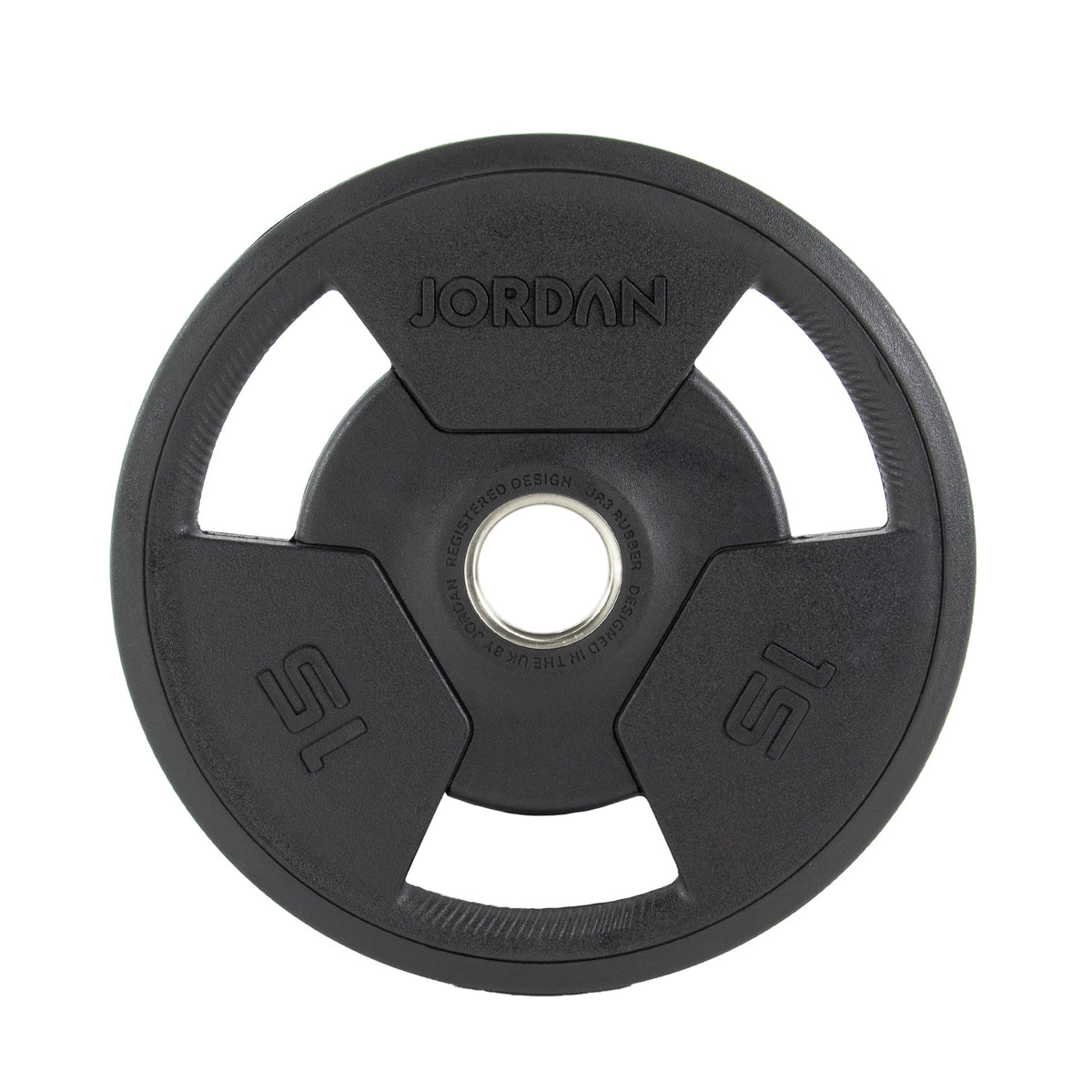 JORDAN Rubber Tri-Grip Olympic Weight Plates: 15 kg black rubber tri-grip plate.
