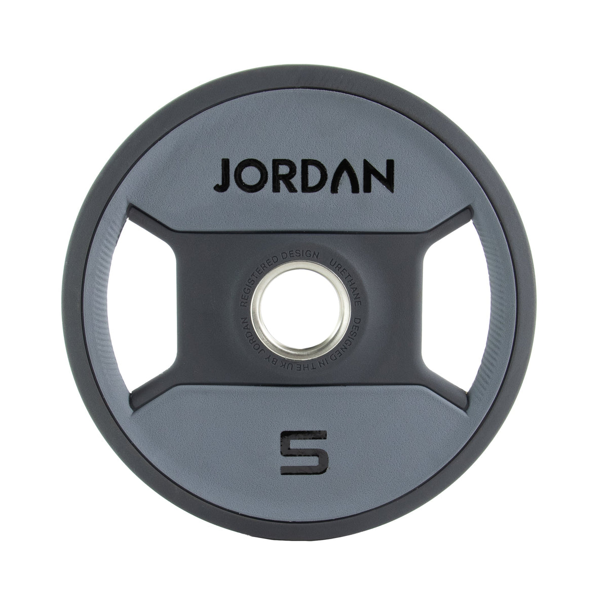 JORDAN Urethane Dual Grip Olympic Plates: 5 kg grey and black urethane dual-grip plate.