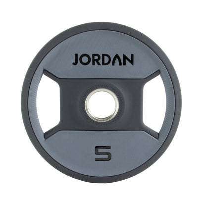 JORDAN Urethane Dual Grip Olympic Plates: 5 kg grey and black urethane dual-grip plate.