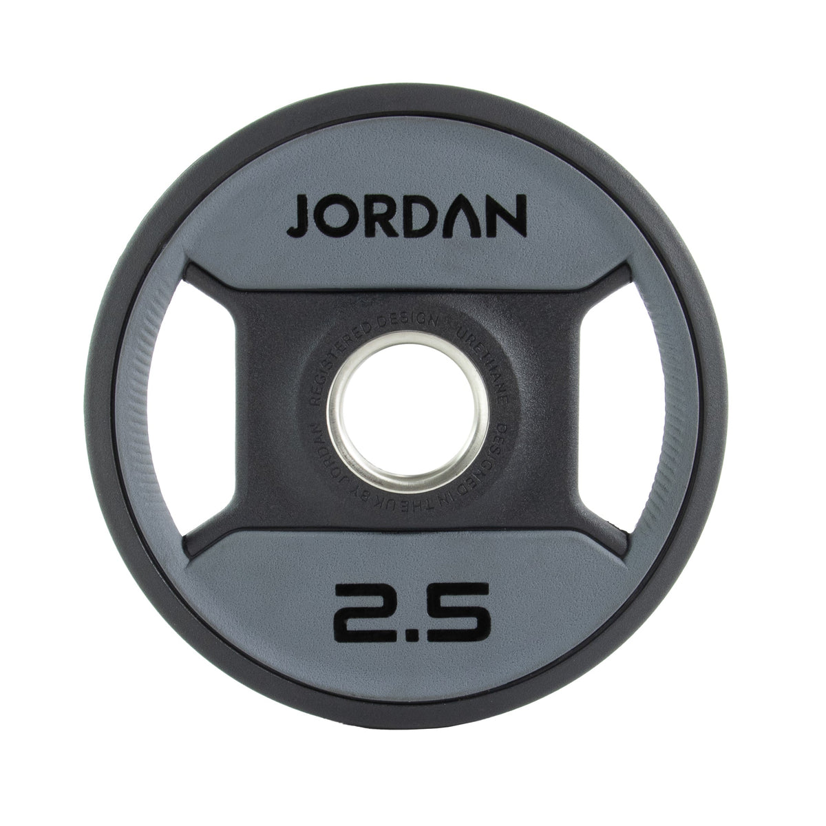 JORDAN Urethane Dual Grip Olympic Plates: 2.5 kg grey and black urethane dual-grip plate.