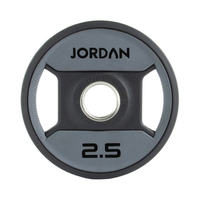 JORDAN Urethane Dual Grip Olympic Plates: 2.5 kg grey and black urethane dual-grip plate.
