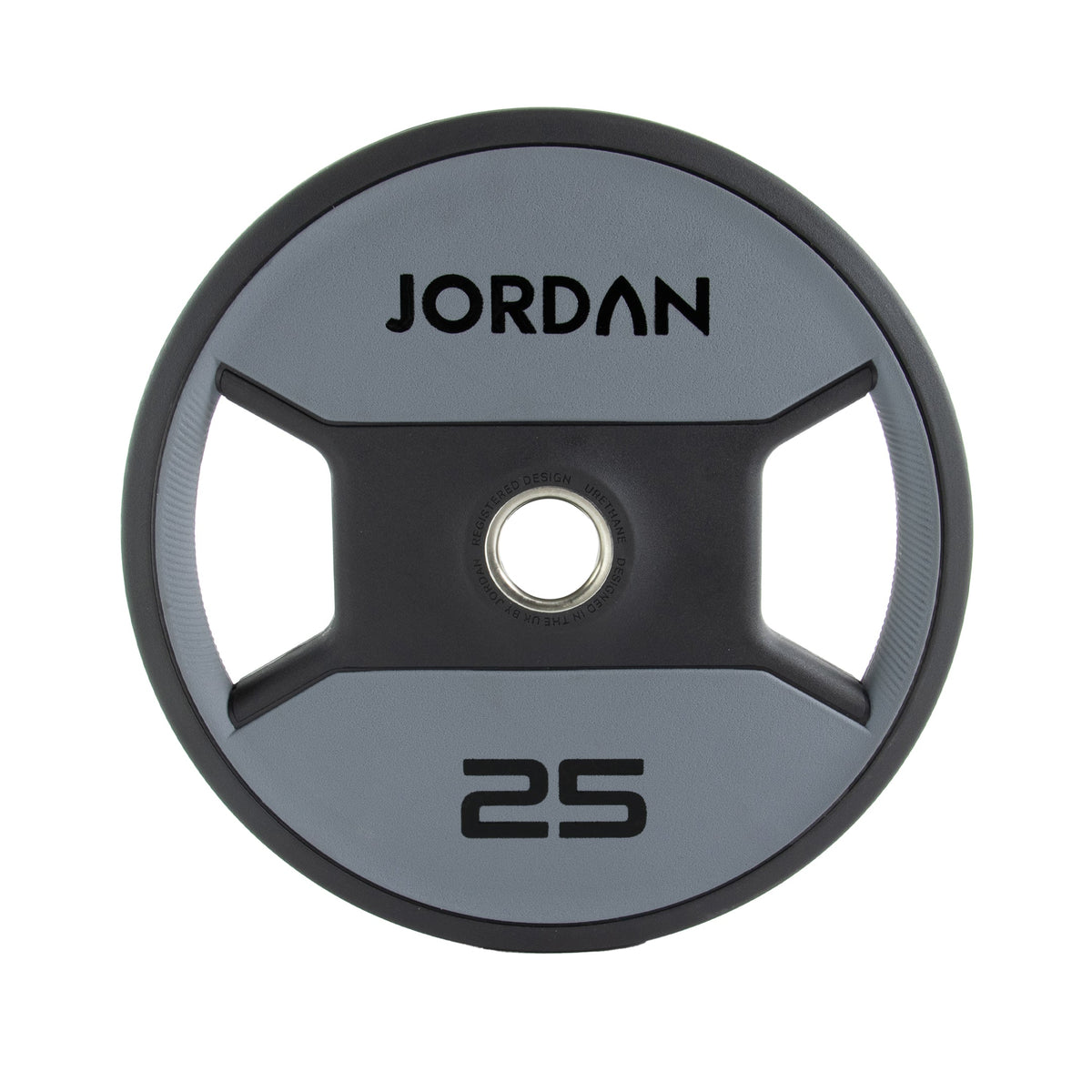 JORDAN Urethane Dual Grip Olympic Plates: 25 kg grey and black urethane dual-grip plate.