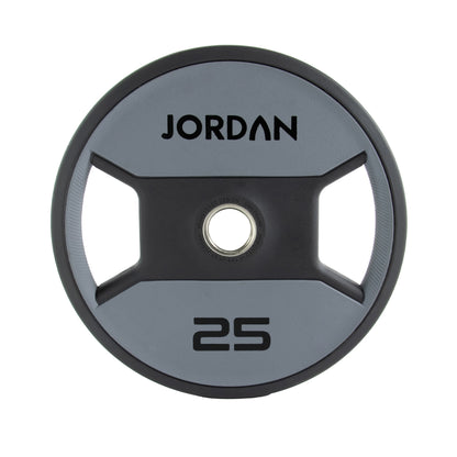 JORDAN Urethane Dual Grip Olympic Plates: 25 kg grey and black urethane dual-grip plate.