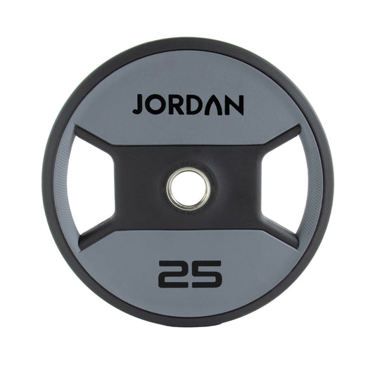 JORDAN Urethane Dual Grip Olympic Plates: 25 kg grey and black urethane dual-grip plate.