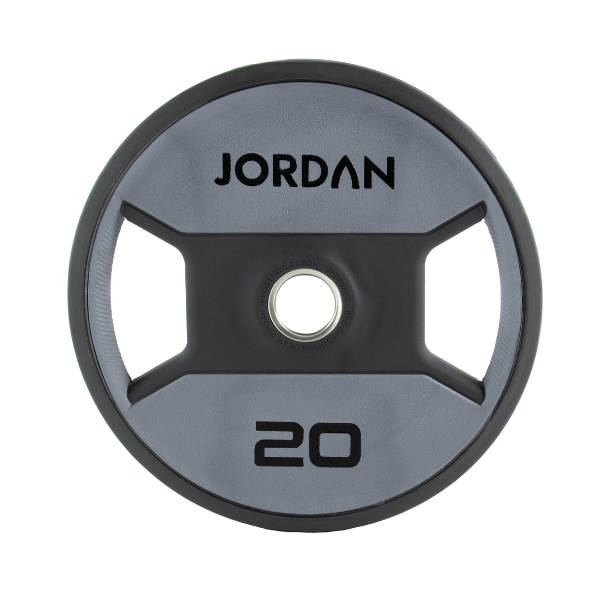 JORDAN Urethane Dual Grip Olympic Plates: 20 kg grey and black urethane dual-grip plate.
