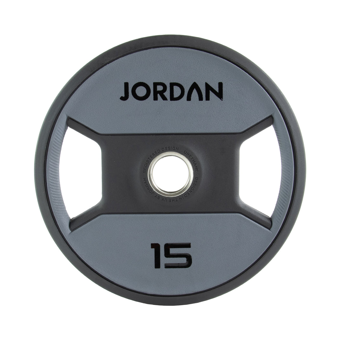 JORDAN Urethane Dual Grip Olympic Plates: 15 kg grey and black urethane dual-grip plate.