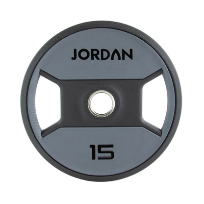 JORDAN Urethane Dual Grip Olympic Plates: 15 kg grey and black urethane dual-grip plate.