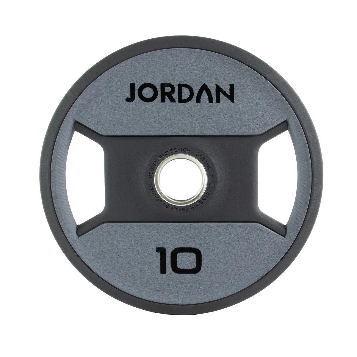 JORDAN Urethane Dual Grip Olympic Plates: 10 kg grey and black urethane dual-grip plate.