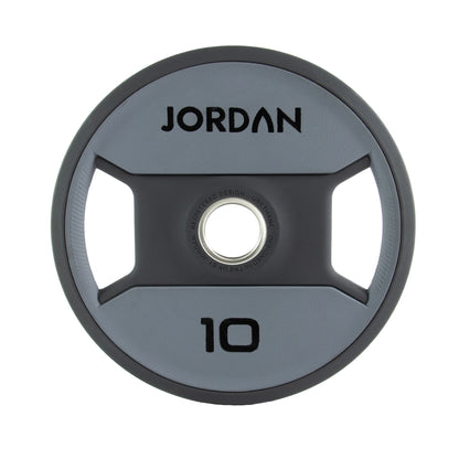 JORDAN Urethane Dual Grip Olympic Plates: 10 kg grey and black urethane dual-grip plate.