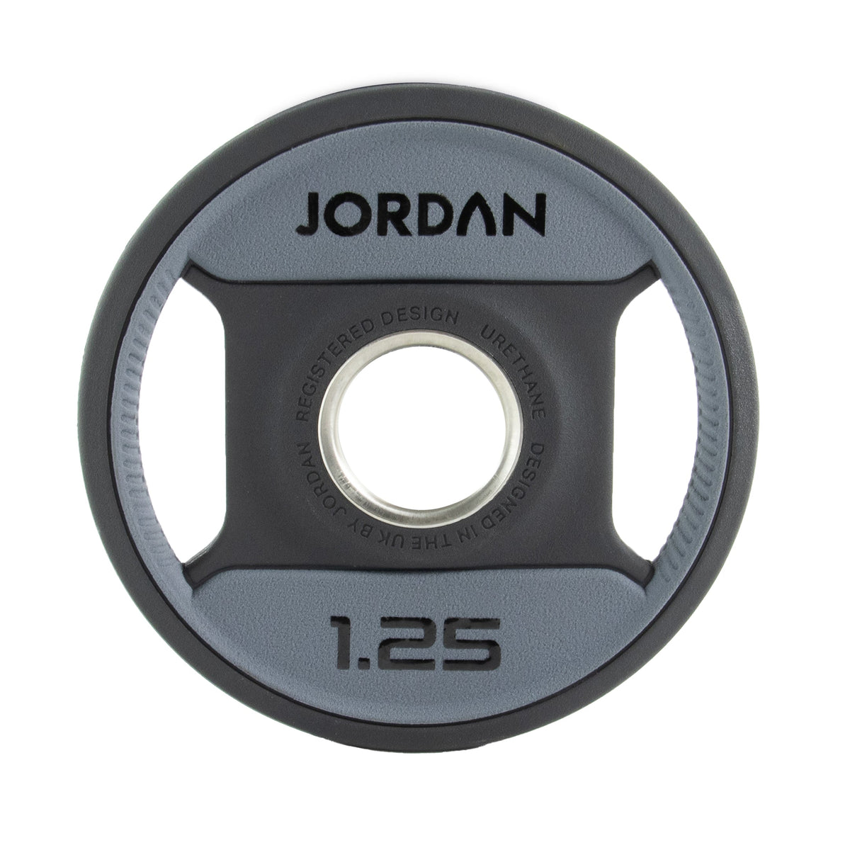 JORDAN Urethane Dual Grip Olympic Plates: 1.25 kg grey and black urethane dual-grip plate.