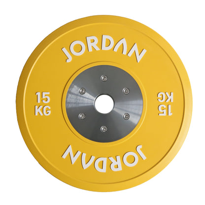 JORDAN calibrated competition plate set: yellow 15 kg calibrated competition plate, individual component view.